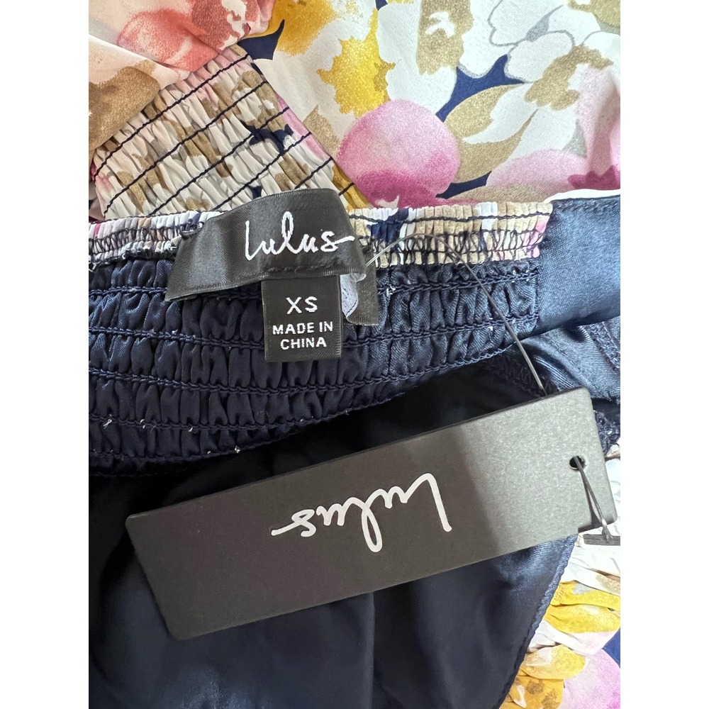 Lulus Floral Tiered Midi Dress Navy Pink Yellow Sweetheart Bustier XS New - Picture 8 of 9